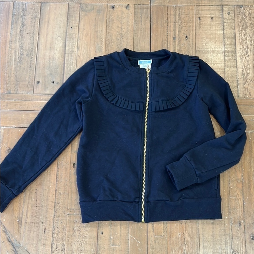 Jacadi navy fleece zip front front pleated sweatshirt girls size 10